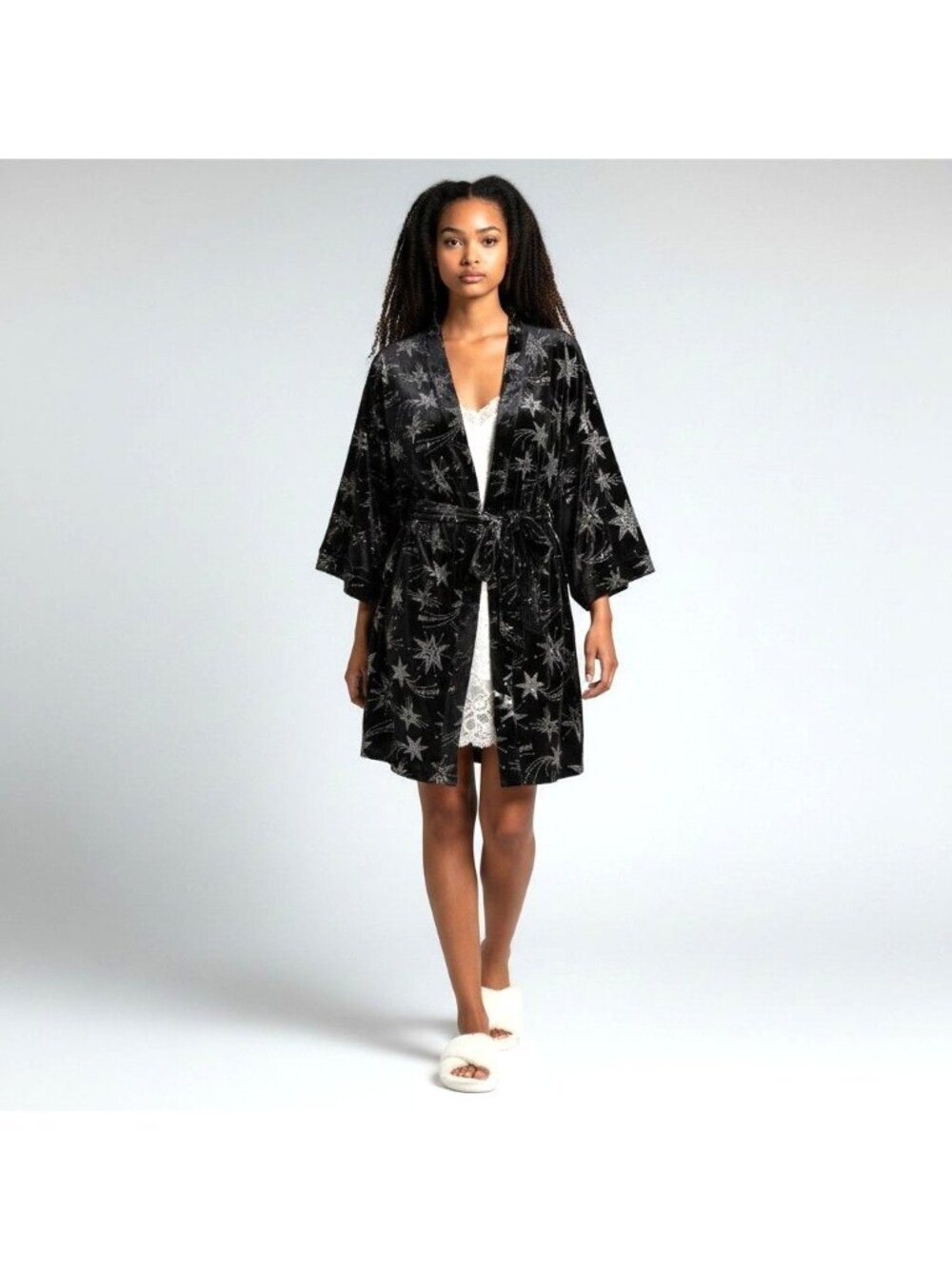 Victoria’s Secret Black Velvet Kimono Robe With Silver Shooting Stars Size M/L L